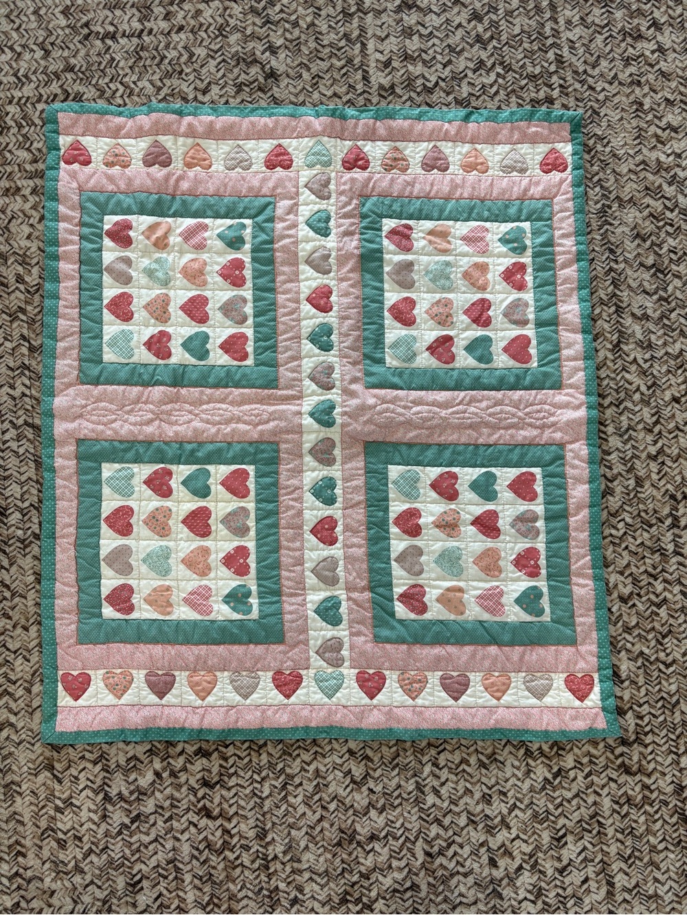 Handmade Heart Patchwork Quilt in Pink, Teal, Cream
